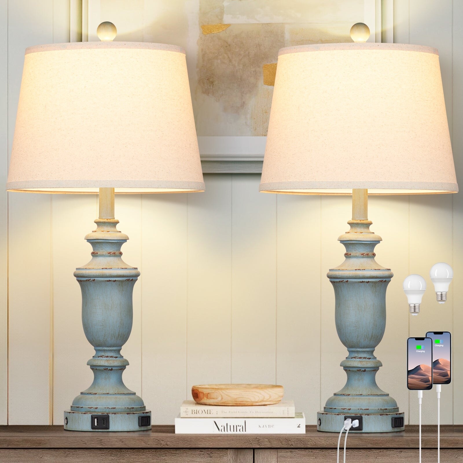 Table Lamps Blue Resin Tilted Drum Shade 3 Way Touch Dimming Switch USB Type C Charging Ports AC Outlet Set of 2