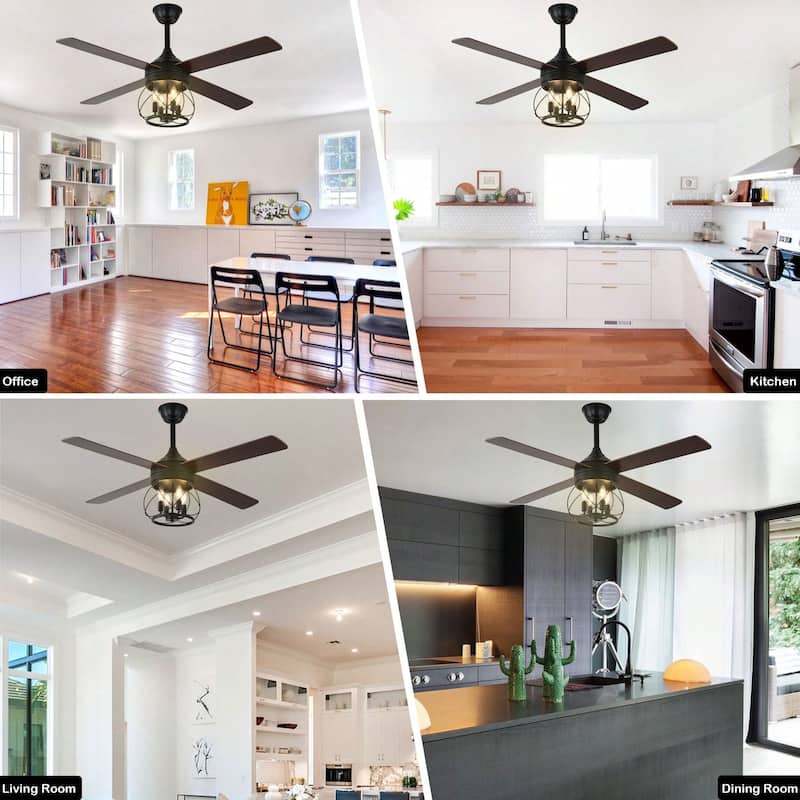 Cusp Barn 52" Modern Ceiling Fan with Light and Remote,Black 4-Light 6 Speeds Quiet Operation Reversible Caged Ceiling Fan