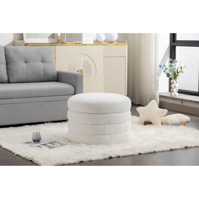 007-Boucle Fabric Storage Round Ottoman Footstool With Wooden Shelving - Ivory