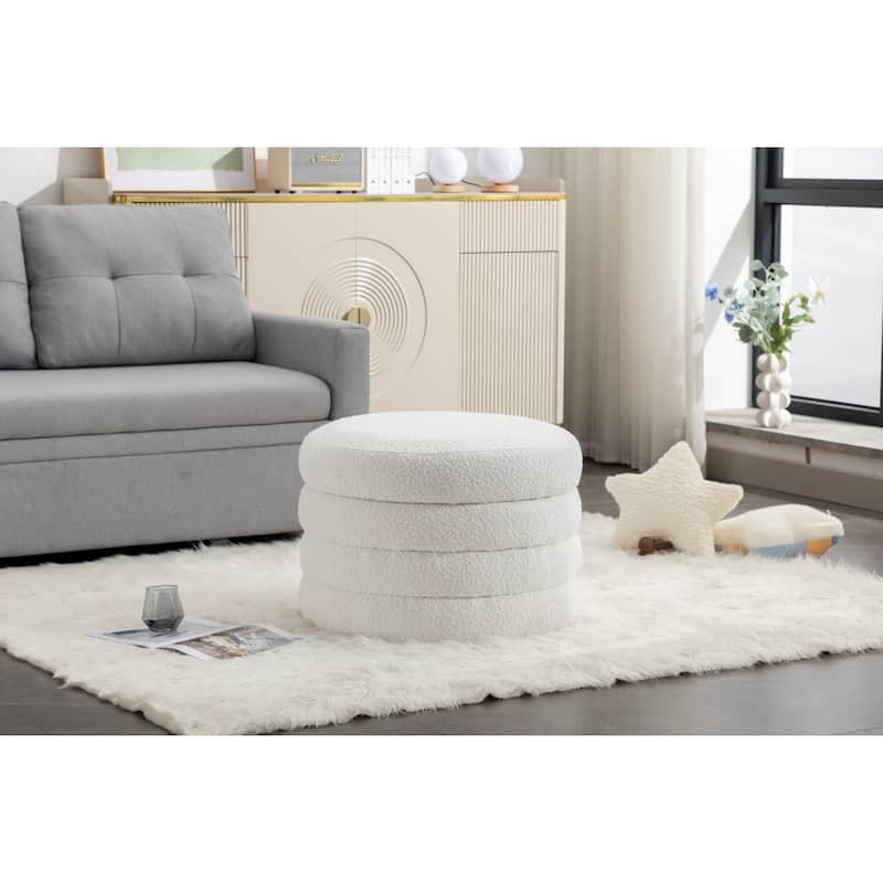 Boucle Fabric Storage Round Ottoman Footstool With Wooden Shelving,Ivory