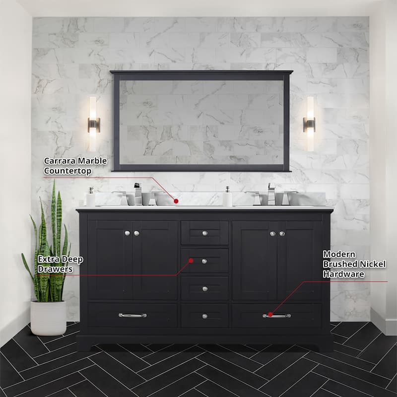 Dukes 60 in. W x 22 in. D Navy Blue Double Bath Vanity, Carrara Marble Top, Faucet Set, and 58 in. Mirror