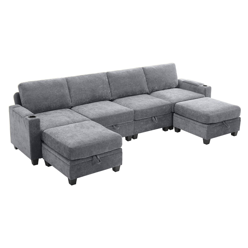 U-shaped Chenille Sectional Modular Sofa with 2 Ottomans & Storage Inside - Pearl Light Grey