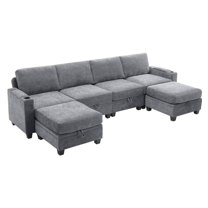 Chenille Sectional Sofa, Hidden Storage & Modular Design - 4-Seater Sofa & 2 Ottomans - Pearl Light Grey