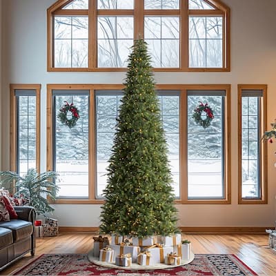 Glitzhome 11ft Pre-Lit Green Slim Fir Artificial Christmas Tree with 850 LEDs & 9 Light-Modes