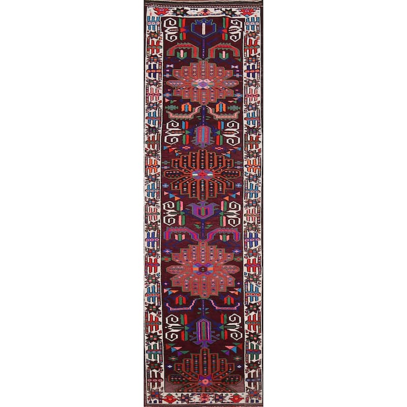 Wine Red Tribal Anatolian Turkish Runner Rug Hand-Knotted Wool Carpet - 3'7"x 14'1"
