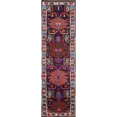 Wine Red Tribal Anatolian Turkish Runner Rug Hand-Knotted Wool Carpet - 3'7"x 14'1"