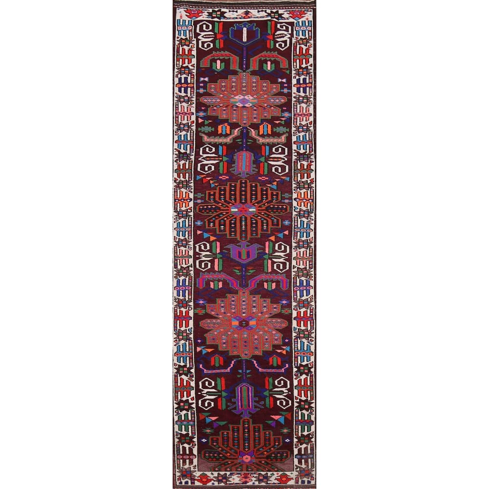 Wine Red Tribal Anatolian Turkish Runner Rug Hand-Knotted Wool Carpet - 3'7"x 14'1"
