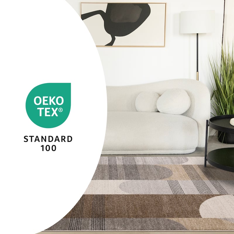 Brown Grey White Striped Arched Shapes Indoor Rug