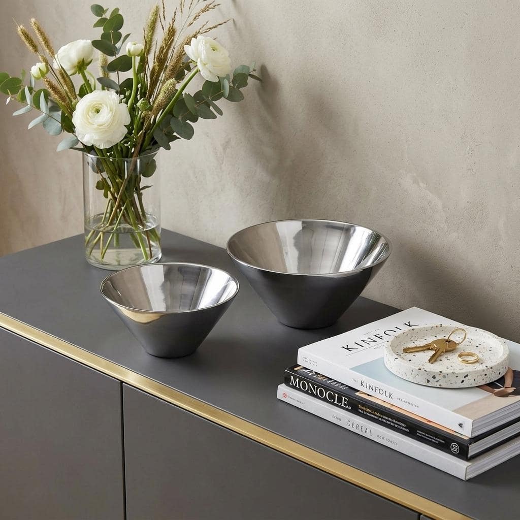 HomeRoots Set of Two Silver Aluminum Round Centerpiece Bowls - 9.00 in. x 5.00 in. x 9.00 in.