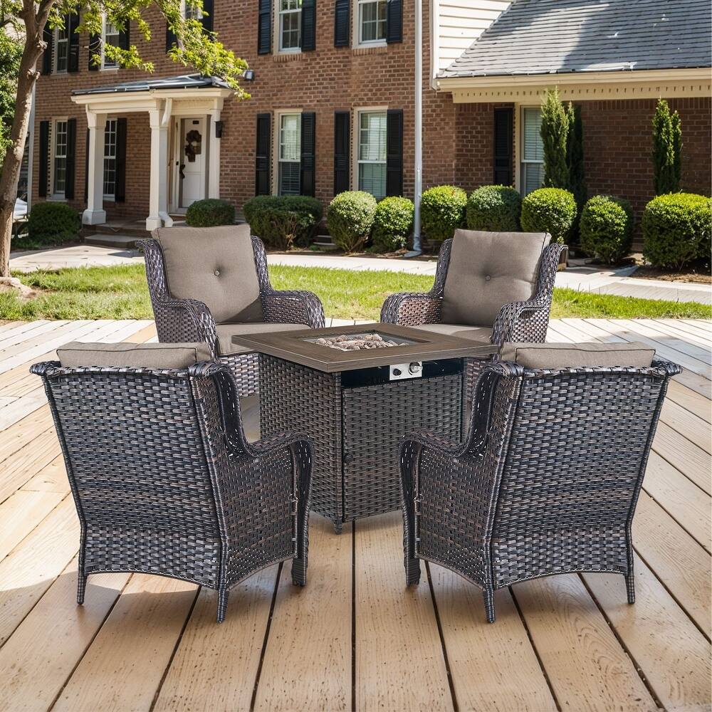 Gymojoy 5-Piece Outdoor Wicker Patio Furniture with Fire Pit Table, Rattan Coversation Set with Water Resistant Thick Cushions