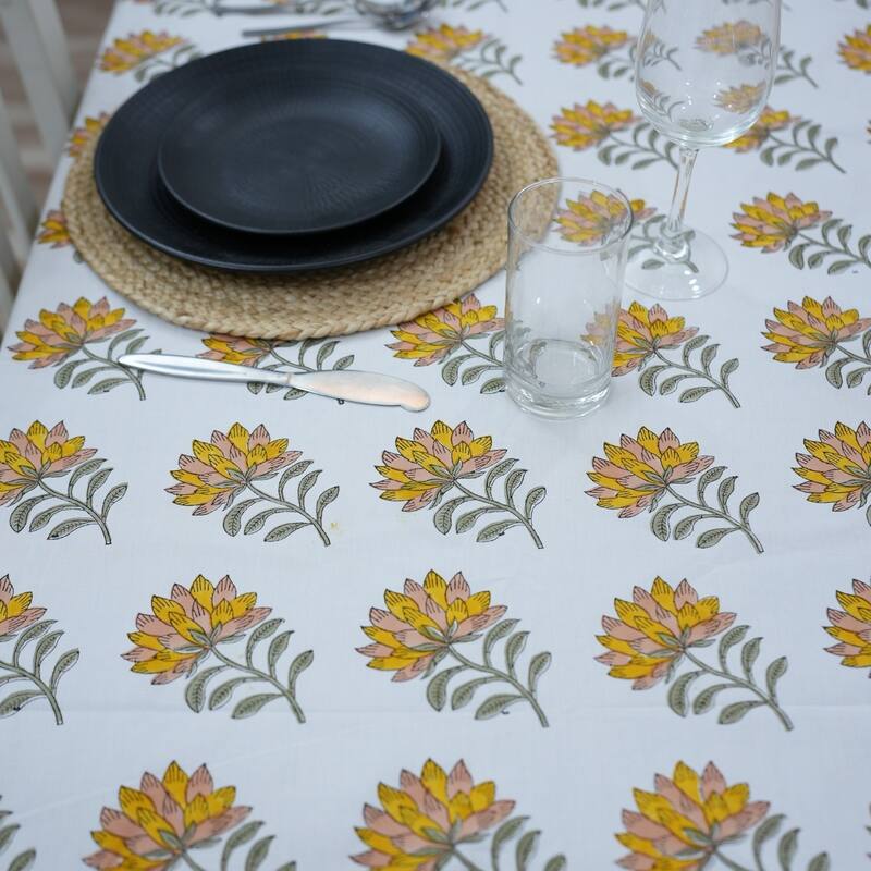Fabdivine Handmade Block Print Cotton Brown Table Cover or Cloth Dining, Farmhouse & Kitchen Décor