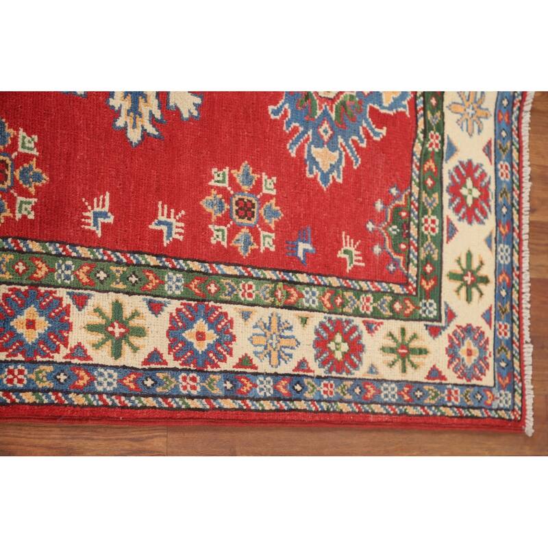 Geometric Red Kazak Oriental Accent Rug Handmade Wool Carpet - 2'10" x 4'2"