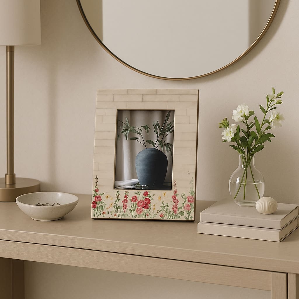 Wood Resin Flower Field Photo Frame - Ivory