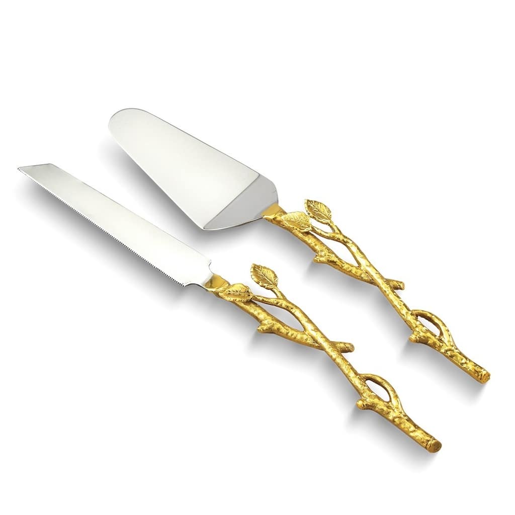 Curata Stainless Steel with Golden Vine Handles Cake Knife and Server Set