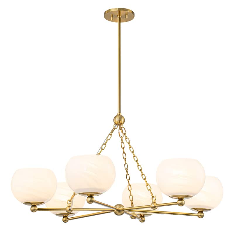 6-Light Brushed Gold Branch Chandelier with Cloud-Pattern Glass Shades - Dia.35.43-in - Dia.35.43-in
