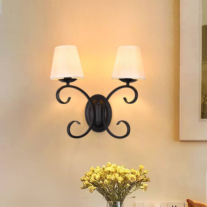 kirahee 2-Light Bedroom Wall Lamps Matte Black Finish Wall Lights with White Flax Fabric Shade - Matte Black - Matte Black