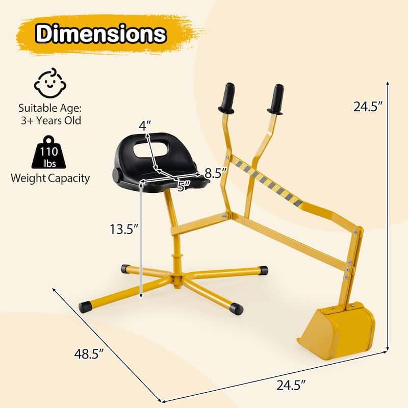 Kids Ride-On Excavator Toy with Rotating Bucket and Realistic Shovel for Outdoor Fun Ages 3 Years Plus - 48.5" x 24.5" x 24.5"