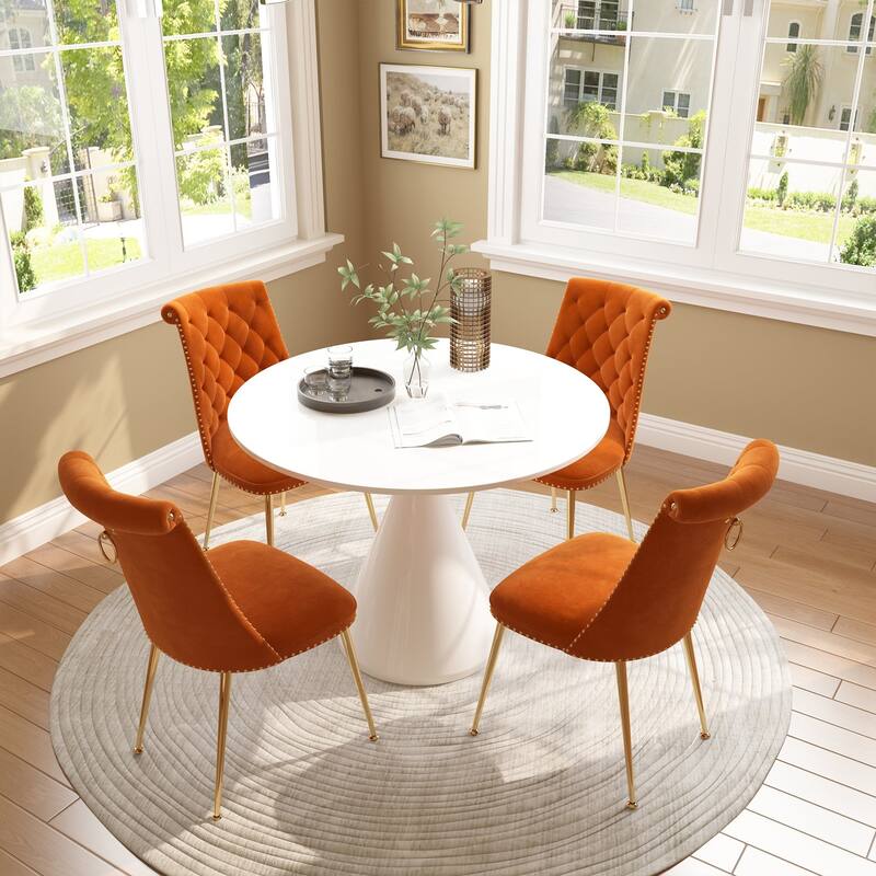 48" Light Luxury White High Gloss Large Countertop Dining Table with Velvet Dining Chair Set