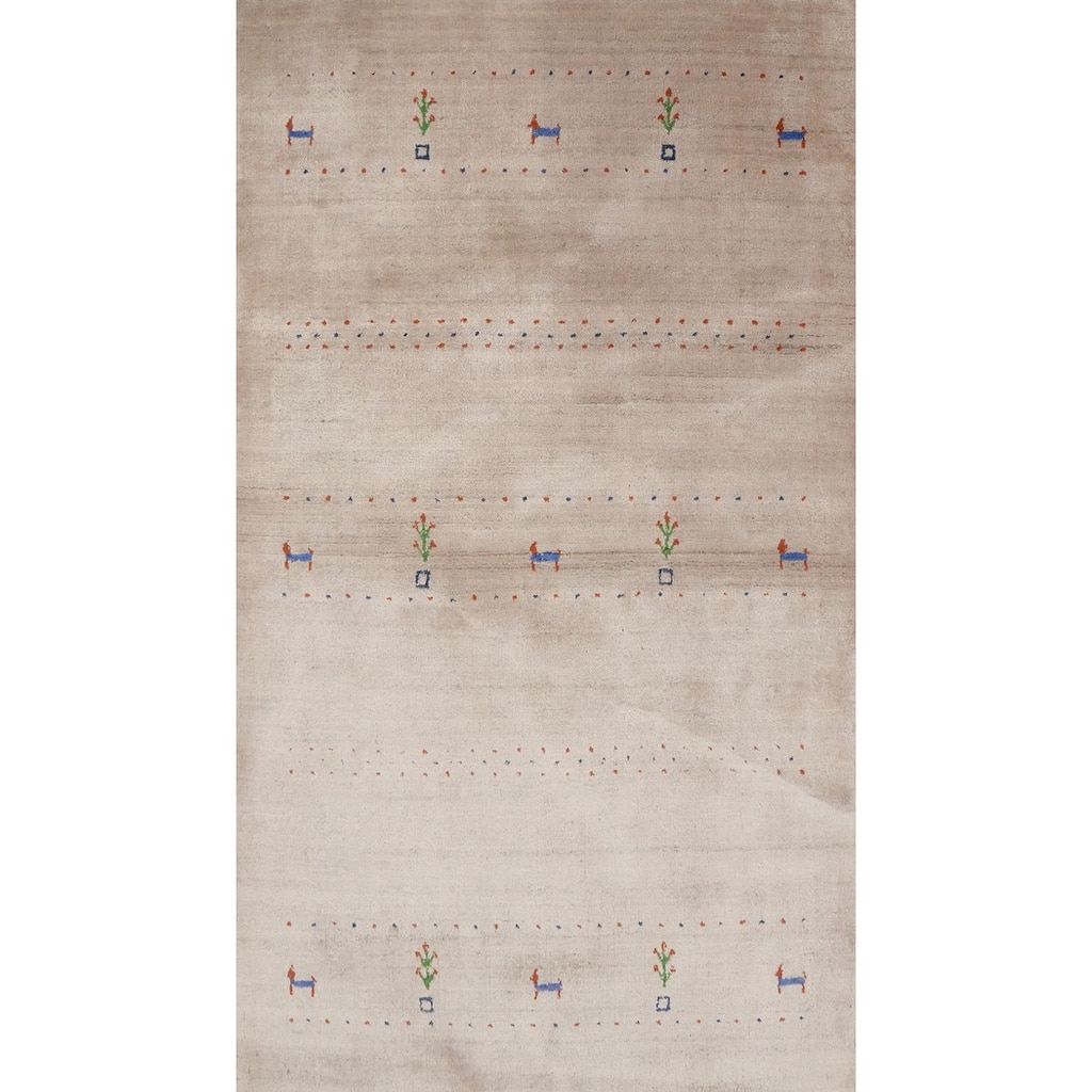 Hand Knotted Oriental 100% Wool Carpet Tribal Animal Pictorial Beige & Ivories Gabbeh Area Rug - 4' 11'' X 3' 0''