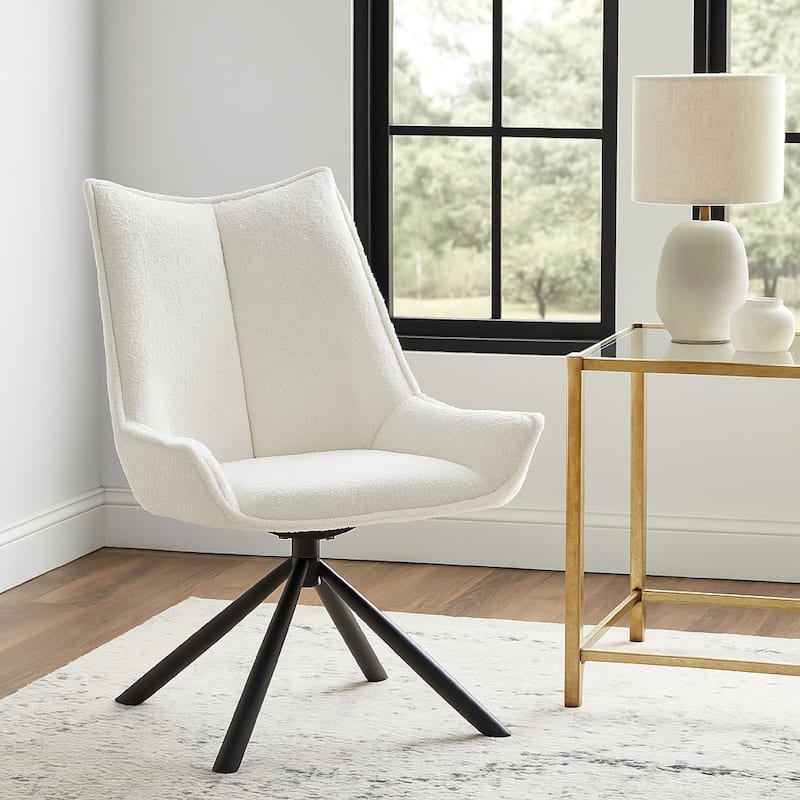 Amyra Swivel Accent Side Chair, White Fabric, Modern Black Iron Frame