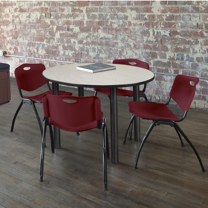 36" Round Breakroom Table- Maple/ Black & 4 'M' Stack Chairs- Burgundy