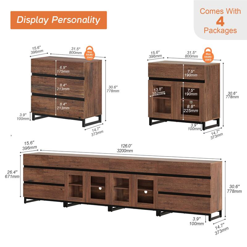 4 in 1 Sideboard with 8 Glass Doors & Drawers, Adjustable Shelf, Metal Base. Coffee Bar Storage for Living Room, Kitchen