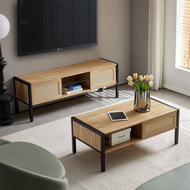 54.33" Rattan TV cabinet with variable color light strip, double sliding doors for storage, adjustable shelf, metal legs