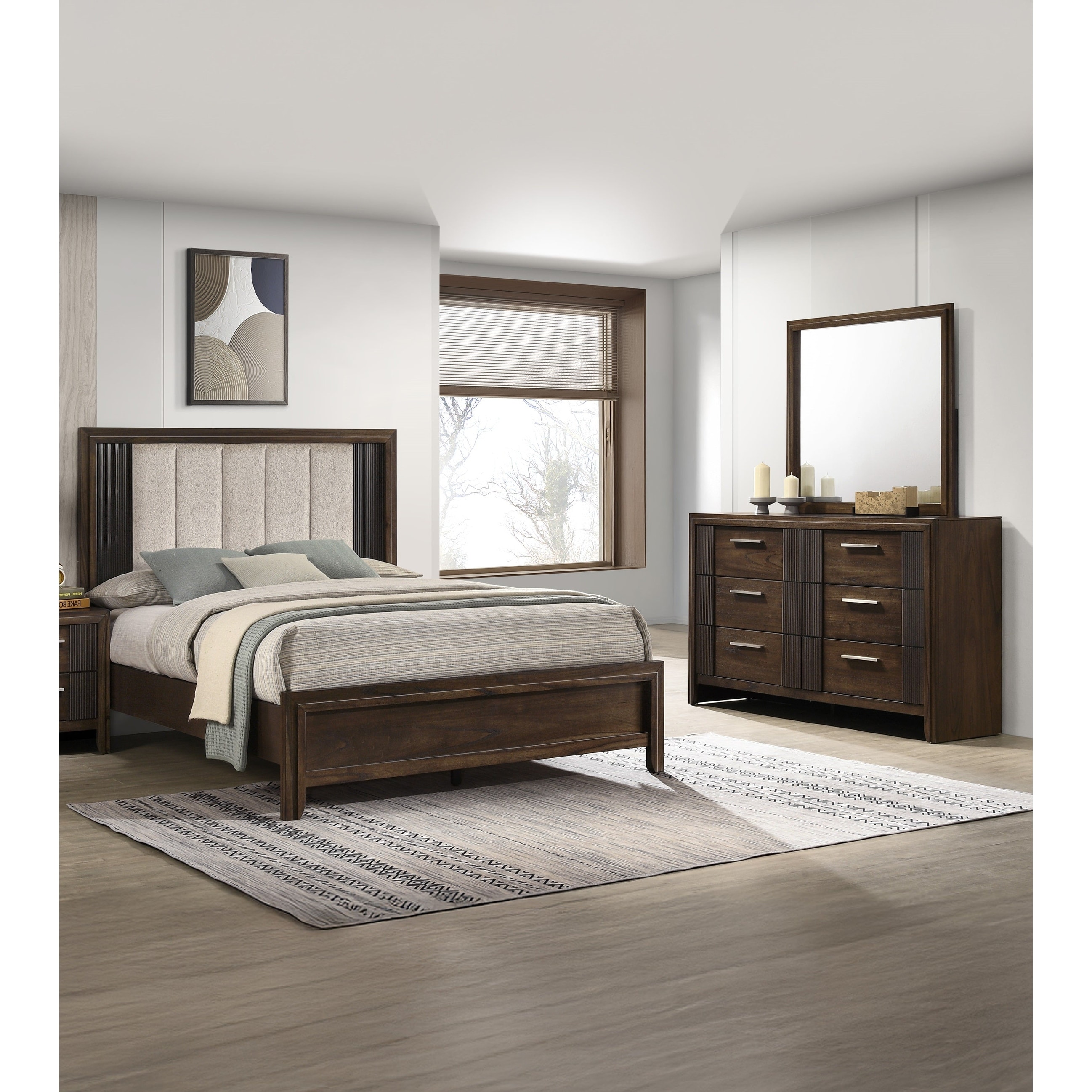 3pc Brown Linear Upholstered Bed Dresser Mirror Set Bedroom Wooden Furniture