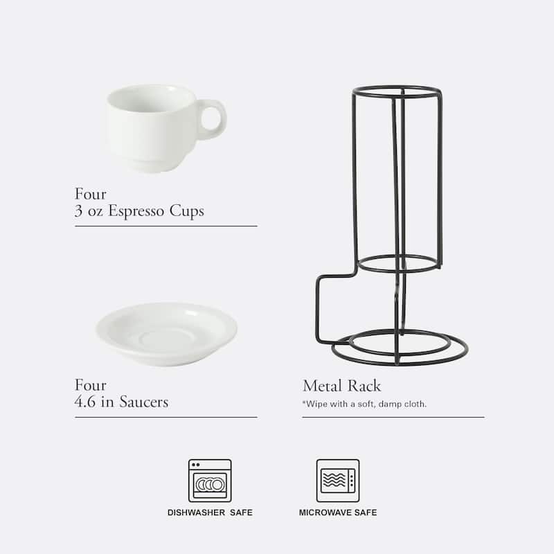 Gibson Home Gracious Dining Cups and Saucers Set of 4, Stackable Coffee Set with Metal Stand for Espresso and Cuppuccino