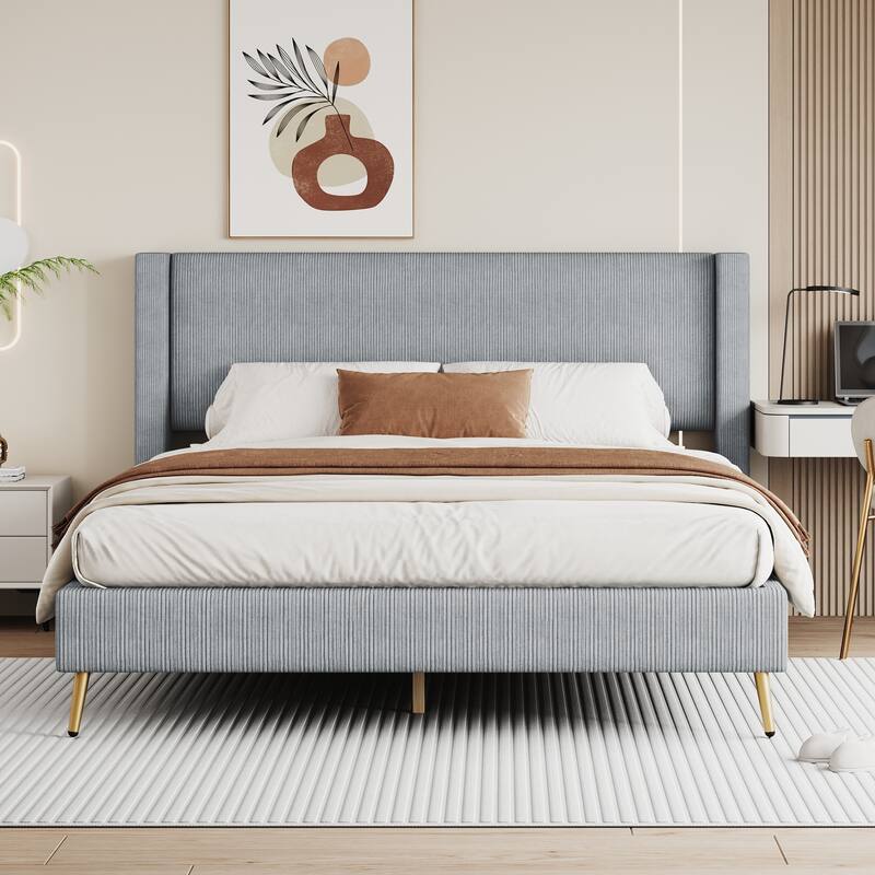 Modern Queen Platform Bed with Tufted Corduroy Headboard and Sturdy Metal Legs, No Box Spring Needed, Soft Upholstered Frame