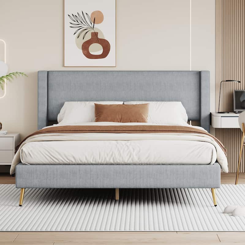 Queen Size Corduroy Platform Bed with Metal Legs, Gray