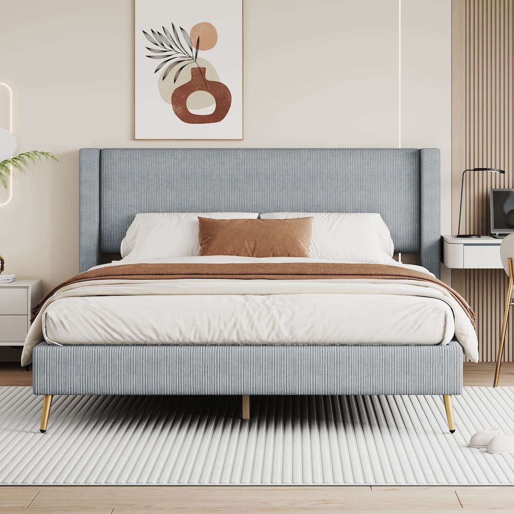 Queen Size Corduroy Platform Bed with Metal Legs