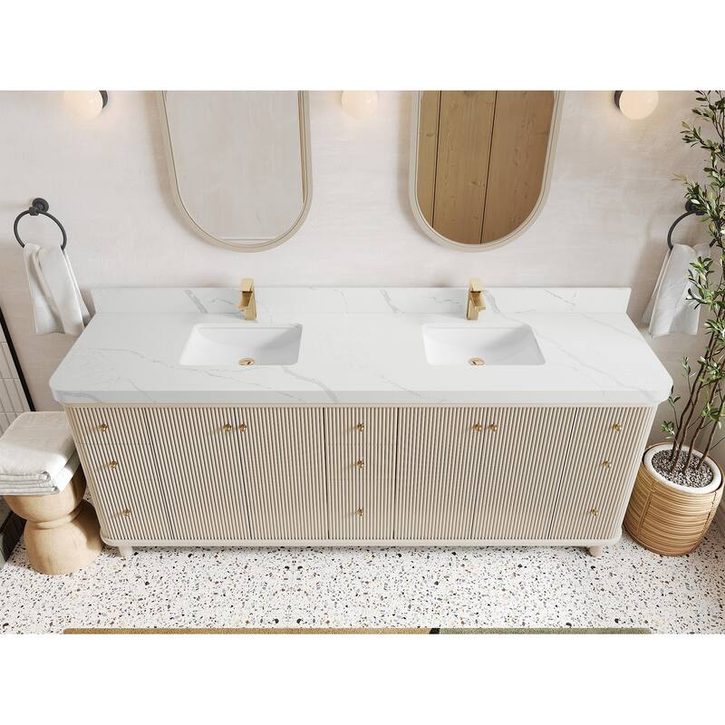 Willow Collections 84 in. W x 22 in. D Reeded Miami Double Bowl Sink Bathroom Vanity with Countertop - 2”Calacatta Laza - Fine Grain