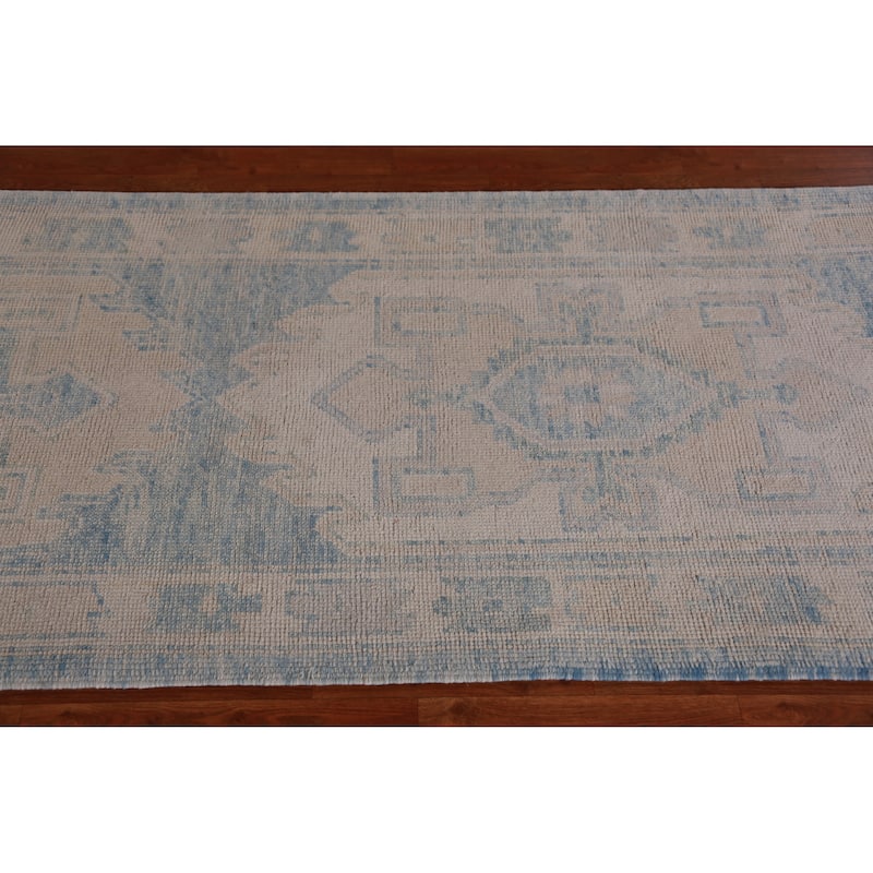 Hand Knotted Oriental 100% Wool Carpet Transitional Geometric Navy Blue & Blues Oushak Runner Rug - 17' 2'' X 3' 4''