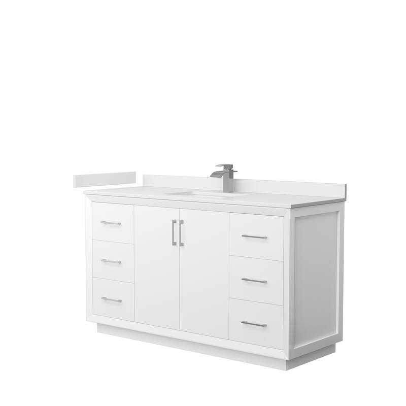 Strada 60-inch Single Vanity, Quartz Top - White, Nickel Trim, White Quartz Top