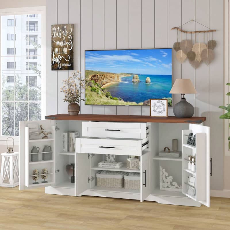 63" Farmhouse Cabinet with 2 Drawers & Door Rack, Large Buffet Table Coffee Bar Cabinets with Adjustable Shelves for Kitchen