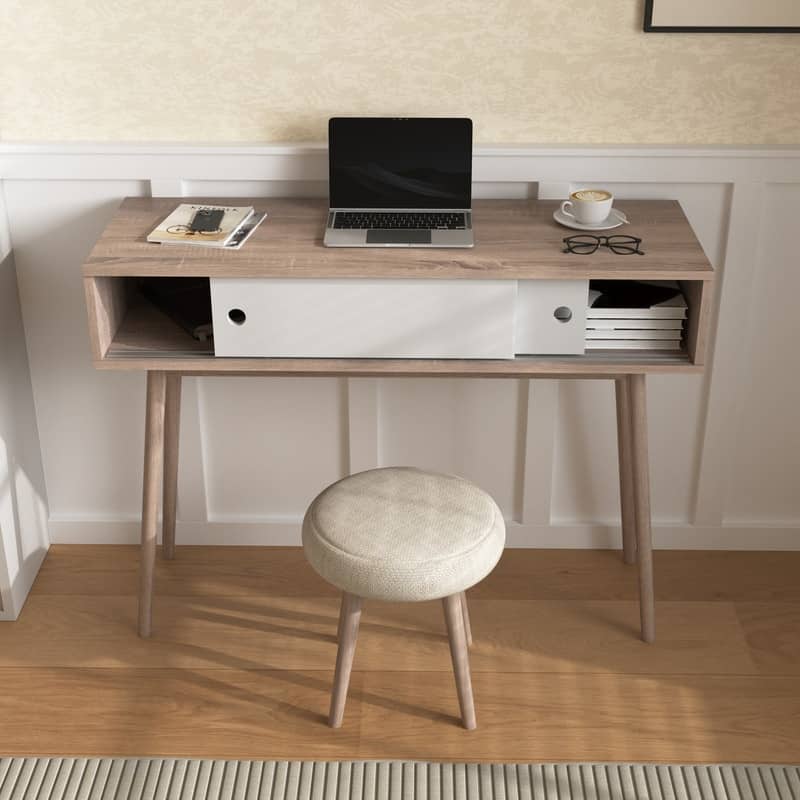 Natural Wood Entryway Console Table with 2 Sliding Doors, Storage Sofa Table for Hallway & Living Room
