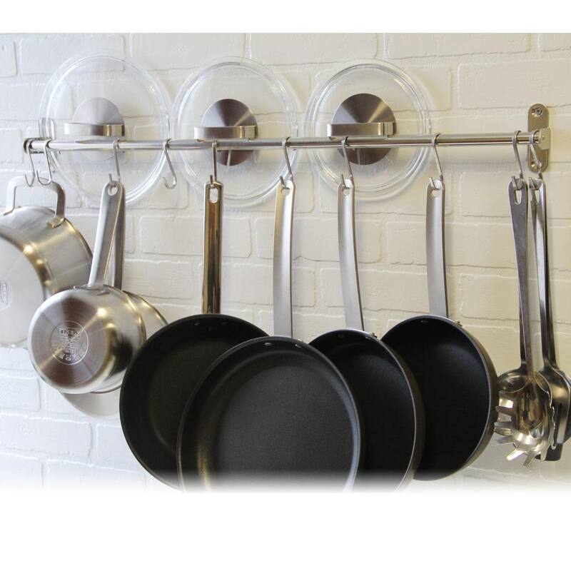 Wallniture Lyon Steel 31.5'' Pot Rack with 10 Hooks, Utensil Holder, Silver