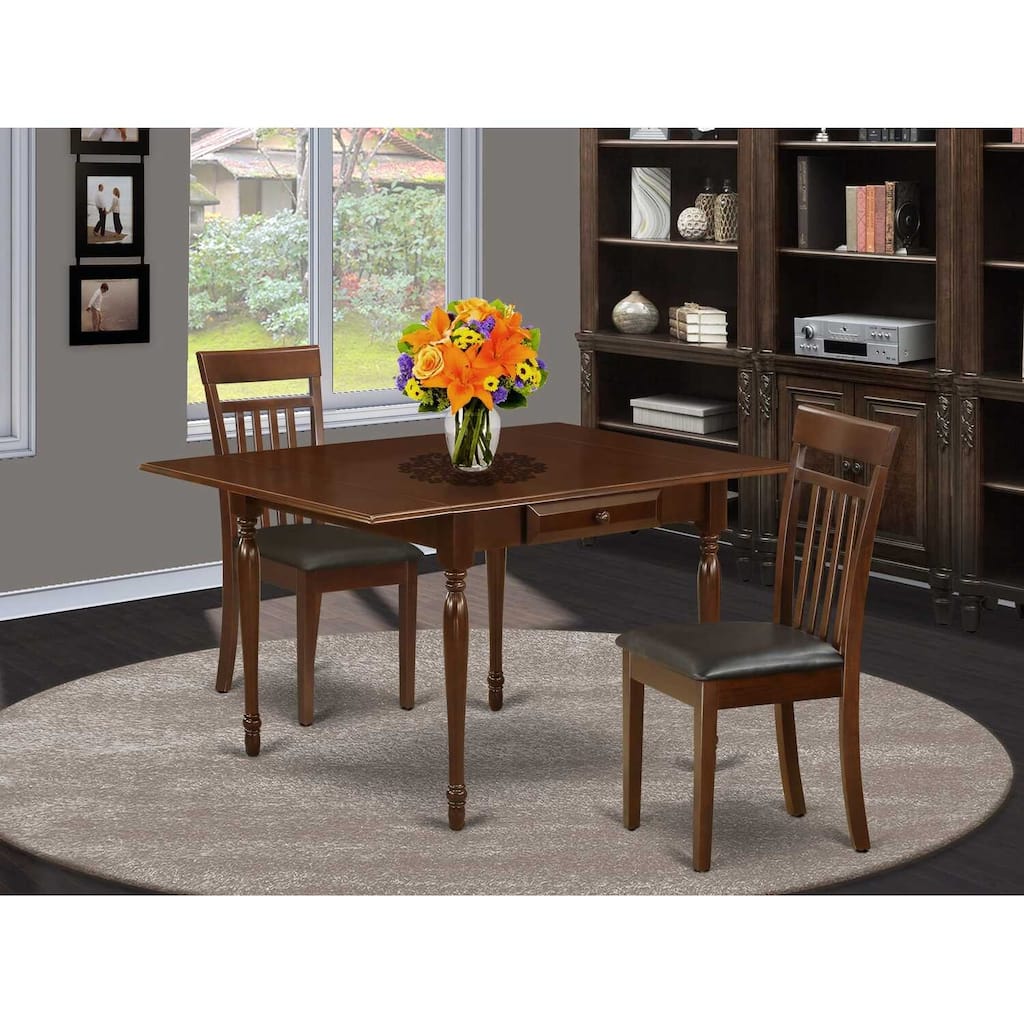HomeStock 3-Piece Mahogany Finish Solid Wood Top with Dropleaf Dining Table Set