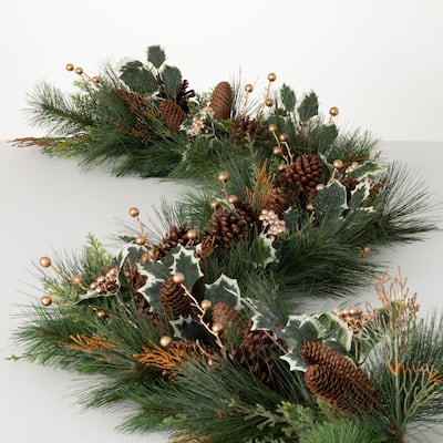 6'L Sullivans Gold Holly And Pine Garland, Green Christmas Garland - 6'L x 15"W x 4"H