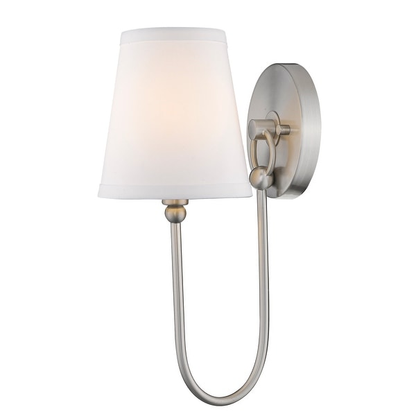 Satin Nickel Simple 1-Light Wall Sconce with White Fabric Shade UL Damp 