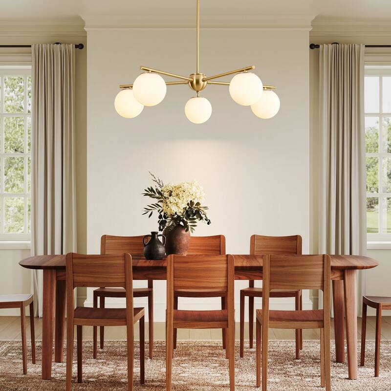 5-Light Brass Globe Chandelier, Modern Mid-Century Pendant for Living Room & Dining Room - 5 Light