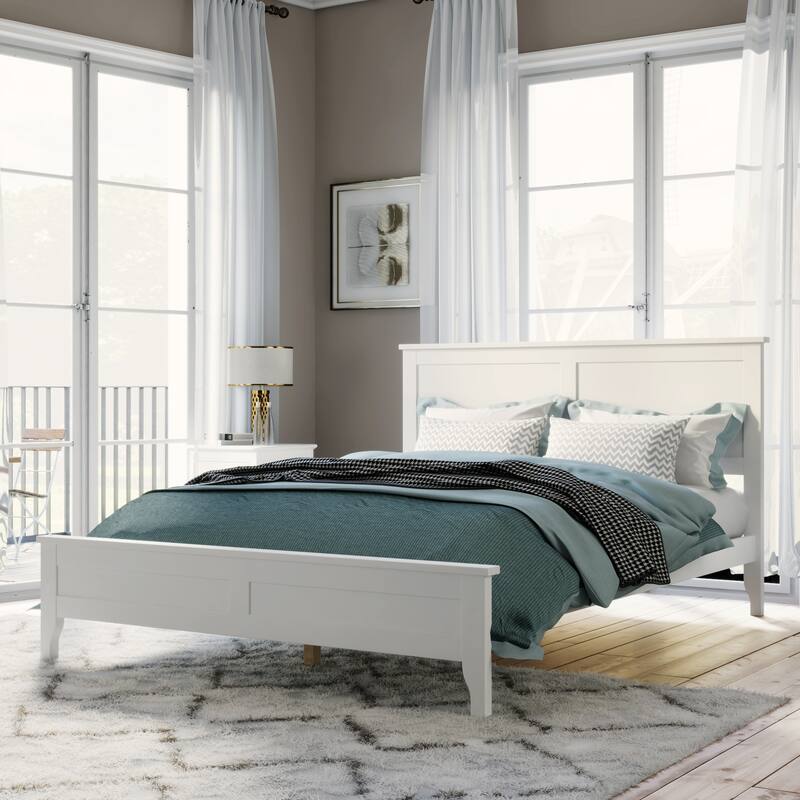 Modern White Solid Wood Full Platform Bed with Headboard and Slat Design