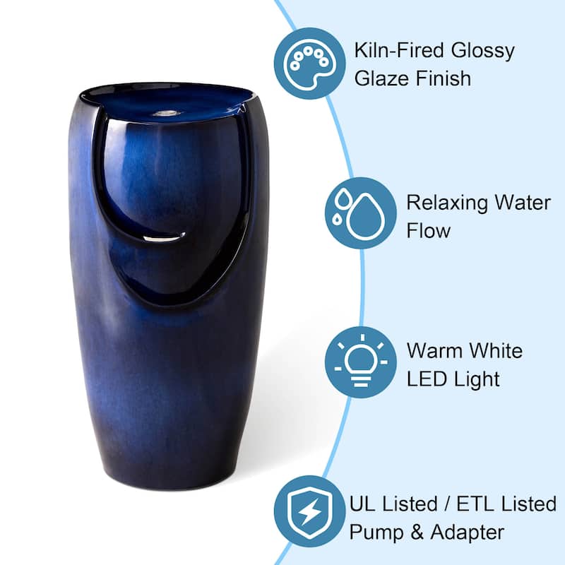 Glitzhome Oversized LED Lighted Ceramic Pot Floor Fountains for Outdoor Garden