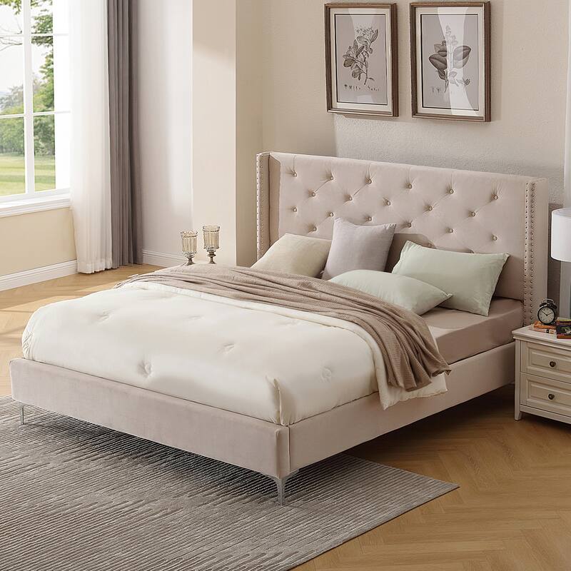 Morden Fort King Size Velvet Upholstered Platform Bed Frame with 6 inches Metal Legs
