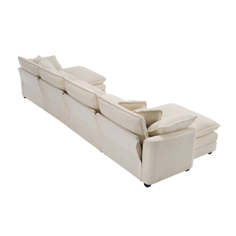 Modern Fabric 4 Seater Modular Sofa Set - Soft Upholstered U-Shape Corduroy Couch with 2 Ottomans for Living Room