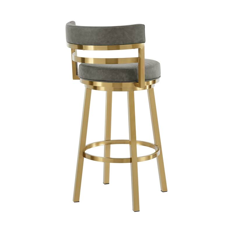 HomeRoots 26" Gray and Gold Faux Leather and Stainless Steel Low Back Counter Height Swivel Bar Chair