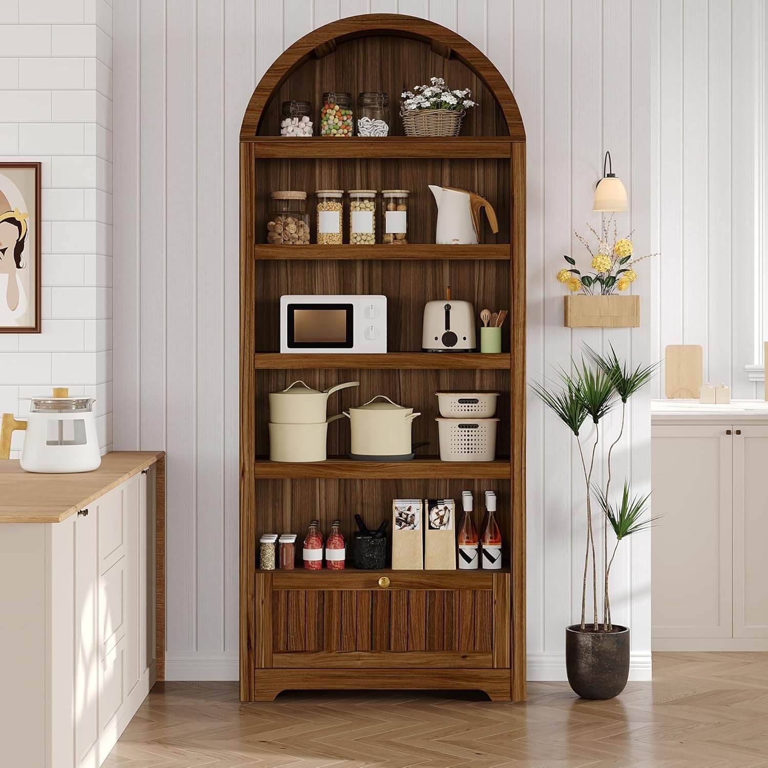 71" Arched 6-Tier Freestanding Pantry Cabinet with Drawer, Brown