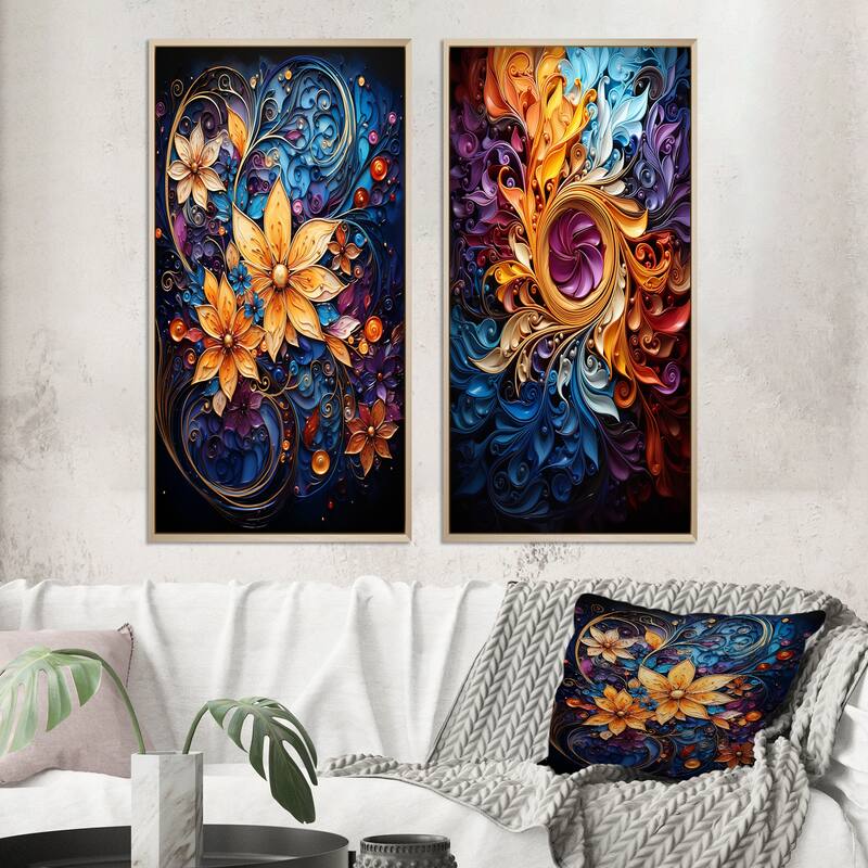 Designart "Spiral Kaleidoscope" Abstract Spirals Framed Wall Art Set Of 2 - Gold Gallery Wall Set For Home Decor - 40 in. wide x 40 in. high - Brown
