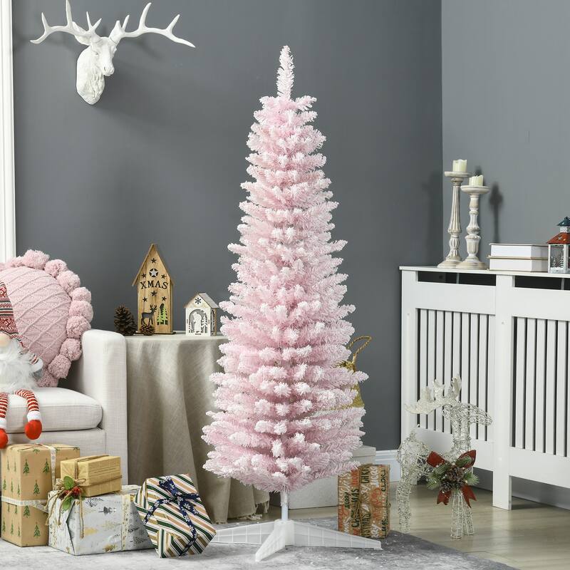 HOMCOM Flocked Artificial Pencil Tree - Slim, Realistic Branches, Plastic Base, Pink